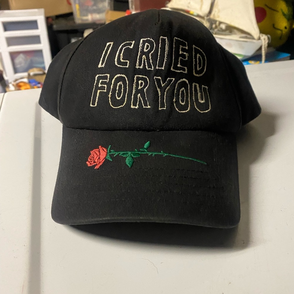 Black Cap with Embroidered Rose and Text Design